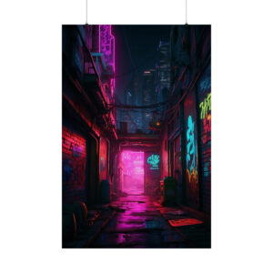 dark urban alleyway illuminated by neon pink and blue signs with wet pavement reflecting light