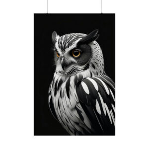 owl illustration poster with black and white feathers and yellow eyes on dark background