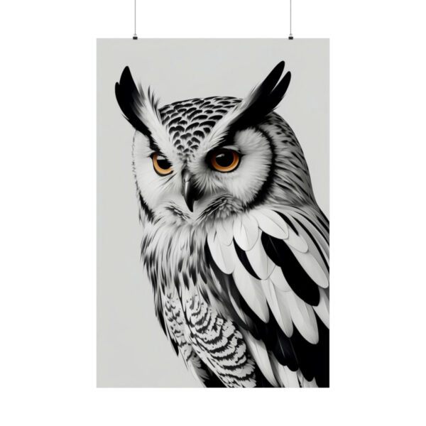 owl illustration poster with black and white feathers and orange eyes