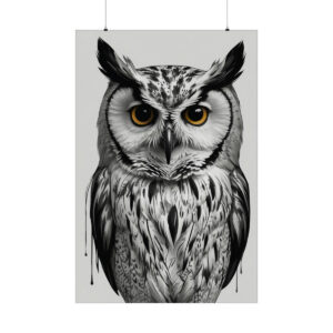 owl illustration poster with black and white feathers and intense yellow eyes