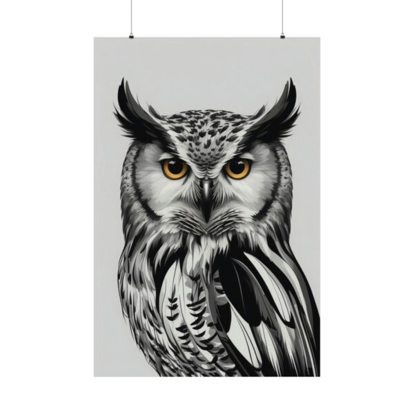 owl illustration poster with detailed feathers and piercing yellow eyes