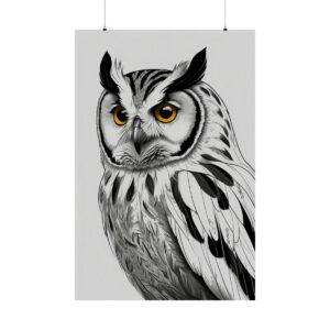 black and white owl illustration with striking yellow eyes