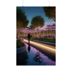 futuristic park at night with glowing pink lights, illuminated pathways, and reflective water