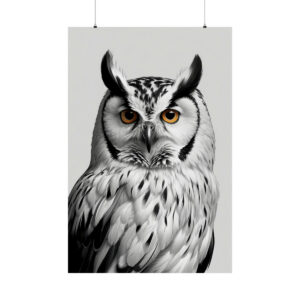 realistic black and white owl illustration with piercing orange eyes