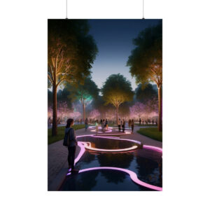 futuristic park at night with illuminated pink patterns on water and glowing trees