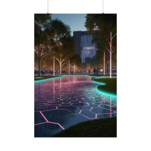 futuristic park at dusk with glowing geometric pathways, illuminated trees, and a reflective water feature