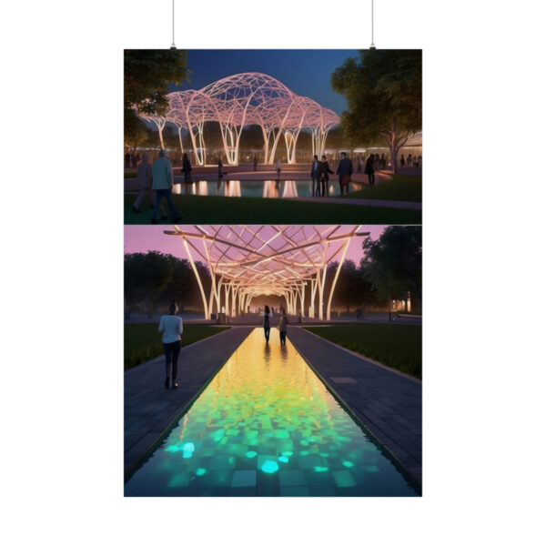 futuristic park at night with glowing structures, illuminated pathways, and reflective water features