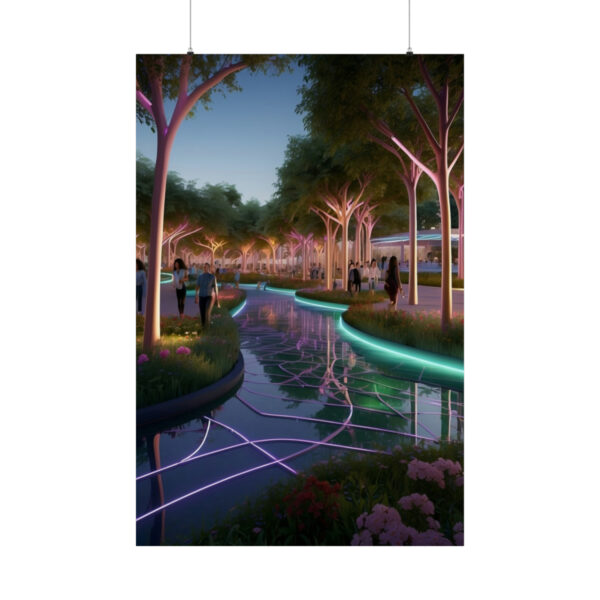 futuristic park at dusk with glowing pathways, illuminated trees, and reflective water features