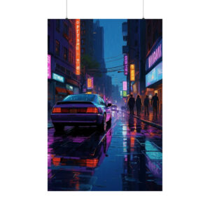 rainy neon-lit city street at night with a car and pedestrians, glowing reflections on wet pavement