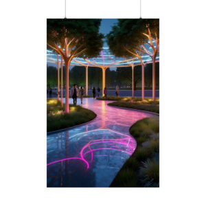 futuristic park at night with glowing pink pathways, illuminated trees, and people walking