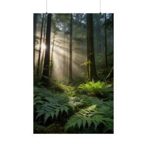 sunlight filtering through tall trees in a misty forest with lush green ferns