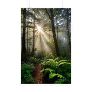 sunlight streaming through tall trees in a misty forest with vibrant green ferns