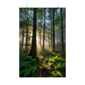 sunlight streaming through tall trees in a misty forest with vibrant green ferns