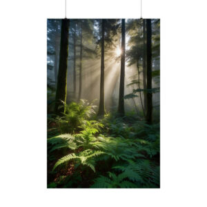 sunbeams shining through tall trees in a misty forest with lush ferns