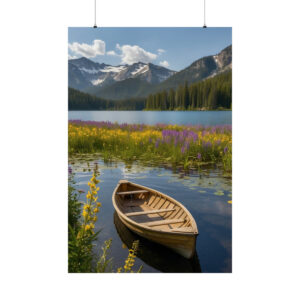 wooden canoe floating on a calm lake surrounded by wildflowers with mountain and forest backdrop