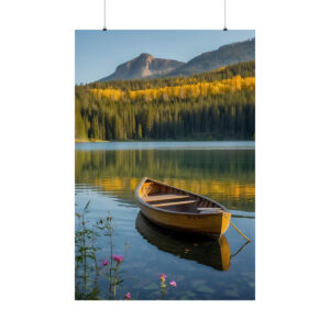 wooden canoe floating on a calm lake with autumn trees and mountain view in the background