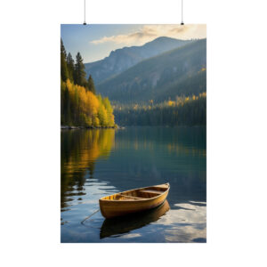 wooden canoe floating on a calm lake with autumn trees and mountain view