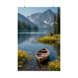 wooden canoe on the edge of a calm lake with mountain and forest view