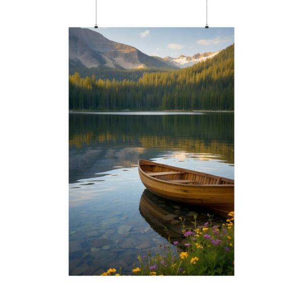 wooden canoe floating on a calm lake with mountain and forest reflection