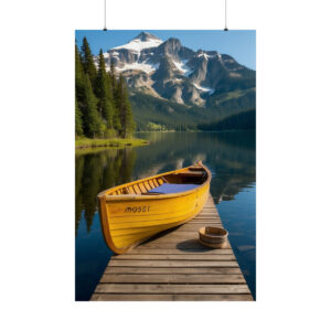 yellow canoe on a wooden dock by a serene lake with mountain and forest reflection