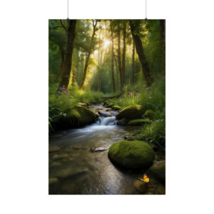 tranquil forest stream flowing over mossy rocks with sunlight filtering through trees