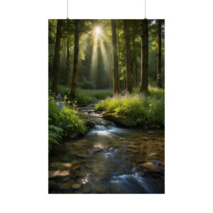 peaceful forest stream with sunlight filtering through trees and lush greenery