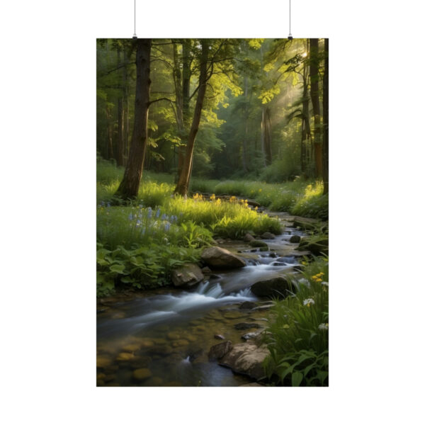 peaceful forest stream flowing through lush greenery with sunlight filtering through trees