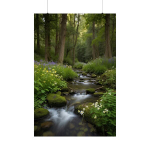 tranquil forest stream flowing over rocks with lush greenery and wildflowers