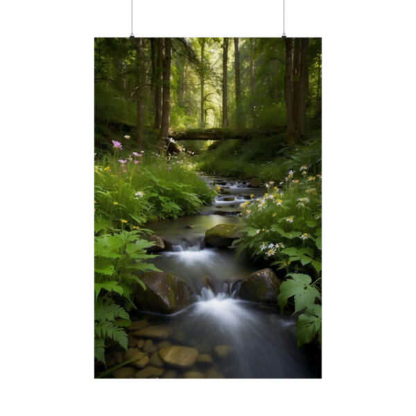 peaceful forest stream flowing over rocks with lush greenery and wildflowers