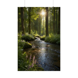 peaceful forest stream with sunlight shining through the trees and wildflowers by the water