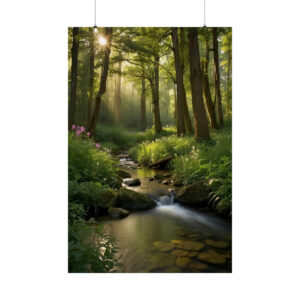 peaceful forest stream with sunlight filtering through trees and wildflowers