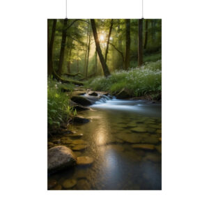 peaceful forest stream with sunlight filtering through the trees