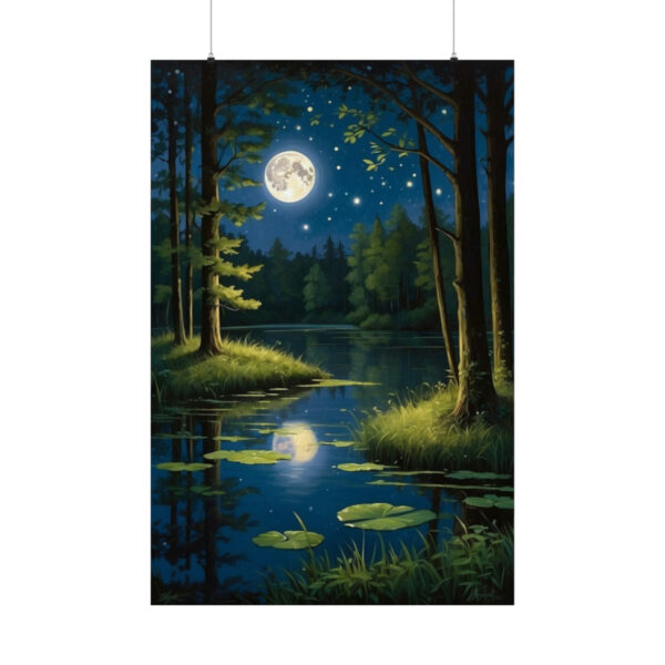 peaceful forest scene with a full moon reflecting on a calm pond with lily pads