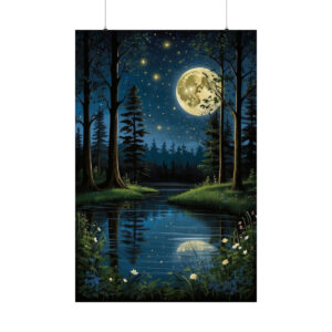 peaceful forest at night with a full moon and stars reflecting on a calm pond