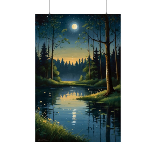 tranquil forest scene at night with the moon reflecting on a calm pond surrounded by trees