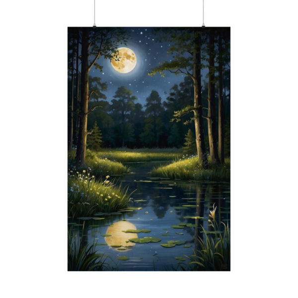 tranquil forest with a full moon reflecting on a calm pond surrounded by trees