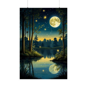 peaceful forest with full moon and fireflies reflecting on a calm pond at night