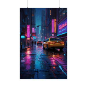 neon-lit rainy city street at night with yellow taxis and glowing reflections on wet pavement