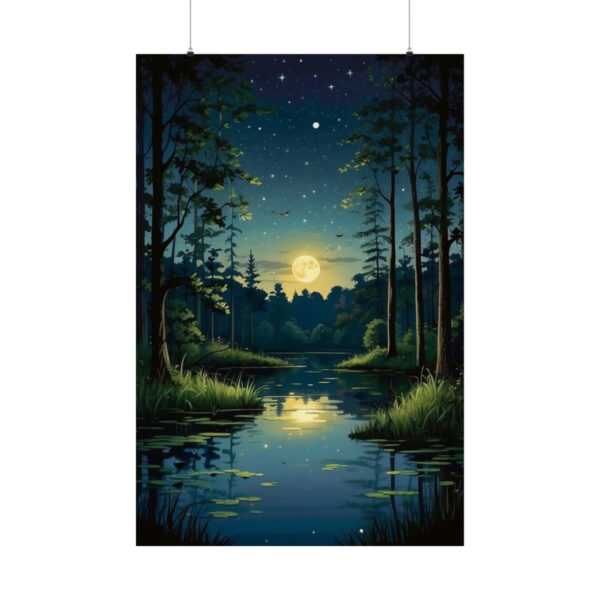 peaceful moonlit forest scene with a pond reflecting the moon and stars