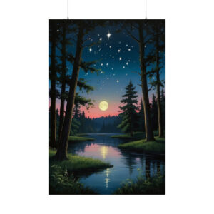 serene moonlit forest scene with a pond reflecting the moon and stars in a twilight sky