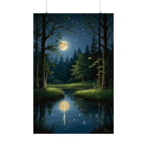 moonlit forest scene with trees reflecting on a calm pond and starry sky