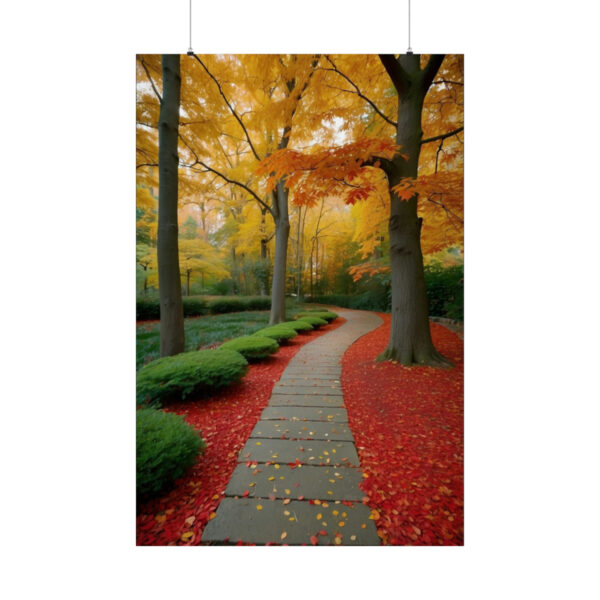 stone pathway winding through a park surrounded by vibrant red and yellow autumn trees