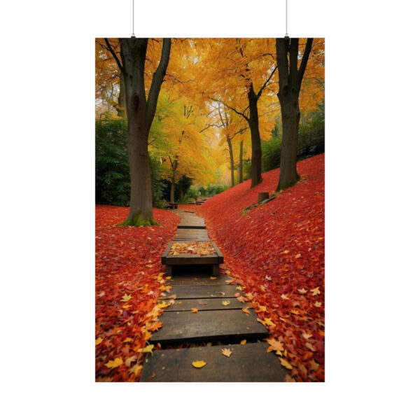 wooden pathway through a park surrounded by vibrant red and yellow autumn trees