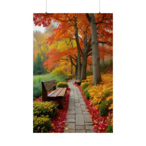 cobblestone park pathway with a wooden bench surrounded by vibrant autumn trees in red and yellow