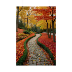 curved cobblestone path in a park surrounded by vibrant red and yellow autumn trees