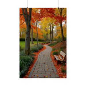 winding park pathway with a wooden bench surrounded by vibrant red and yellow autumn trees