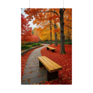 park pathway with wooden benches surrounded by vibrant red and orange autumn trees