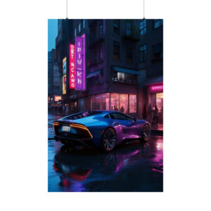 sleek sports car parked on a neon-lit rainy city street at night with reflections on wet pavement