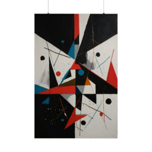 abstract geometric design with sharp lines and shapes in red, black, white, blue, and yellow