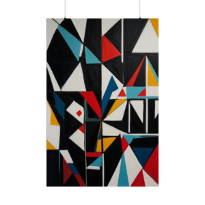 abstract geometric design with colorful shapes in red, blue, yellow, black, and white